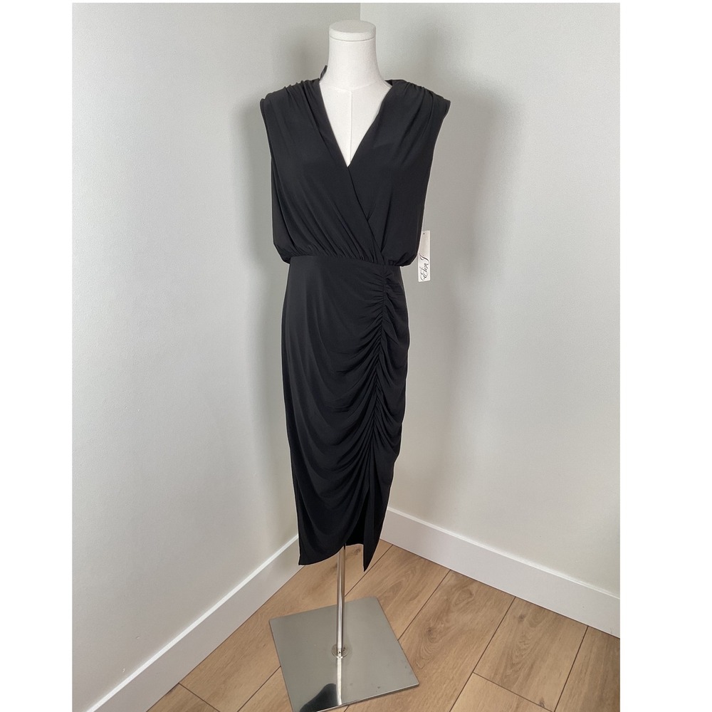 Eliza J Black Ruched V Neck Sleeveless Midi Dress Women's Size 10 NWT